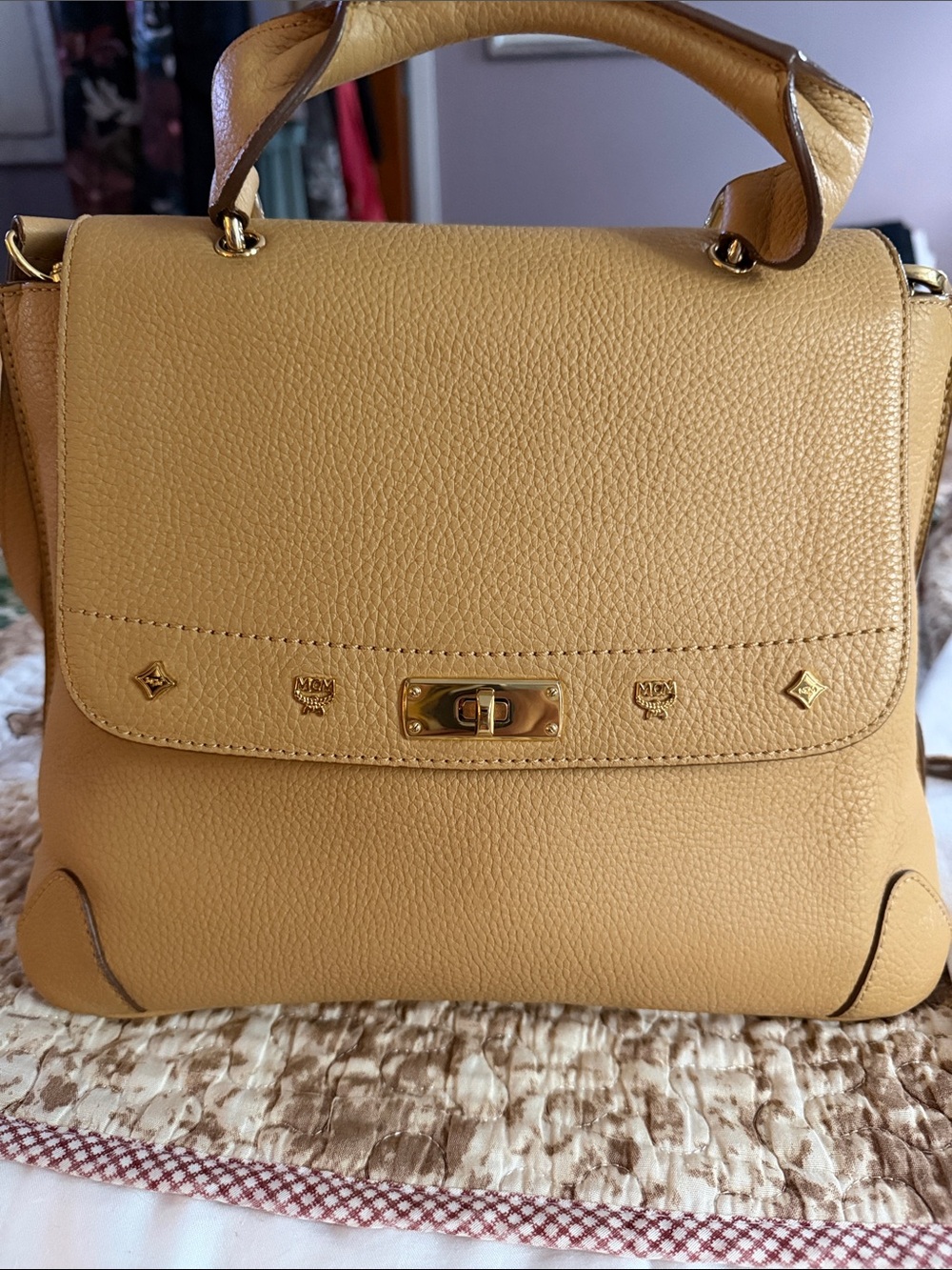 Women’s MCM Milla  Leather Top-Handle Satchel - Tan color.
